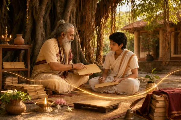 Guru and shishya learning respectfully in a calm gurukul-style setting, showing Guru-Shishya Parampara as a wider Indian learning tradition.