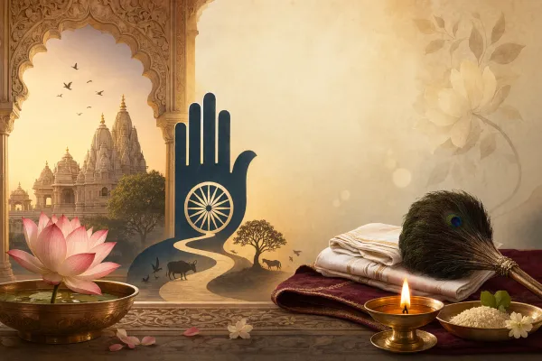 Calm Jain festival scene with ahimsa hand symbol, lamp, lotus, temple forms, and reflective devotional mood.