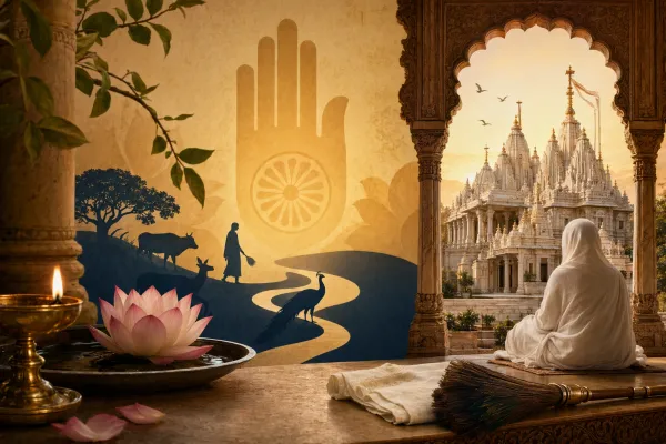 Reflective Jain culture scene with ahimsa symbol, temple path, community mood, and calm contemporary heritage setting.