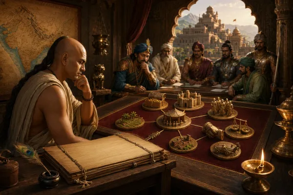 Editorial illustration for Kautilya’s Ideas on Good Governance, Leadership and Corruption: an ancient governance and statecraft editorial scene with council table, seven distinct sta...