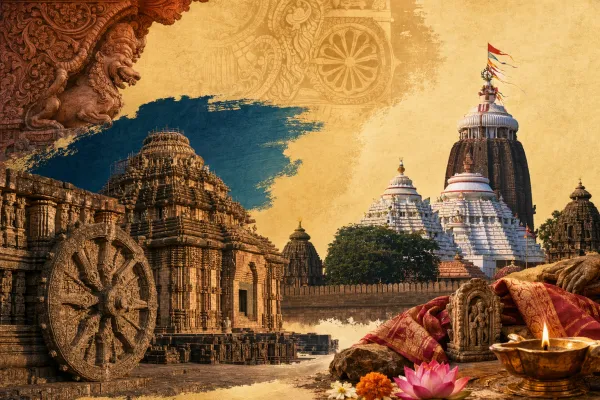 Illustration of Odisha Kalinga temple architecture with a Konark wheel, Puri Jagannath temple forms, stone carvings and warm devotional light.
