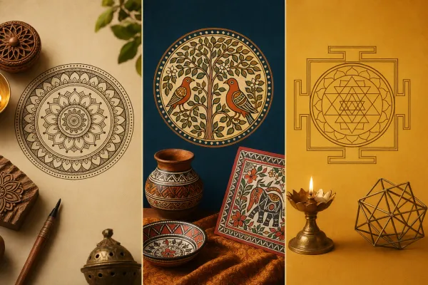Side-by-side symbolic composition comparing a mandala-like geometric design with regional Indian folk-art patterns and handmade motifs.