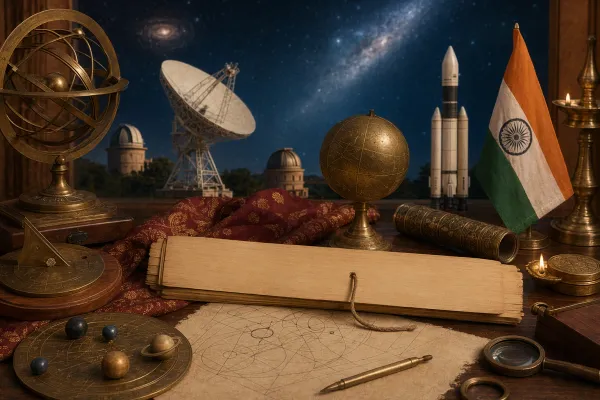 Editorial illustration for Modern Indian Astronomy: Observatories, Institutes, and Space Missions: an Indian knowledge-history editorial still life with blank palm leaves, geometric...