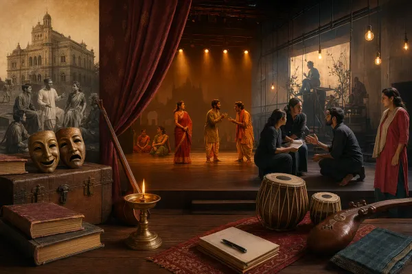 Modern Indian theatre rehearsal with actors, stage lights, props and a proscenium-style performance space.
