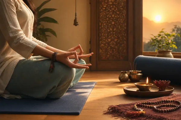 Calm yoga and meditation setting with hands in a simple mudra, diya glow, mat, and peaceful Indian wellness cues.