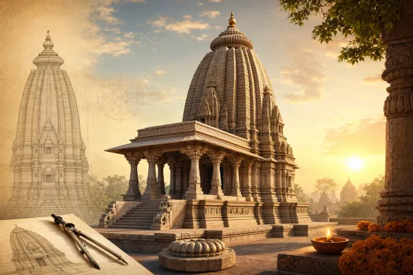 Illustration of a North Indian Nagara temple with a curving shikhara, mandapa, plinth, warm light and blank architectural study elements.