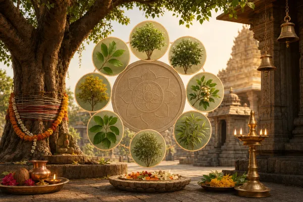 Navagraha sacred plants artwork with nine symbolic sections, temple courtyard, lamps, flowers, and sacred tree motifs for an Indian culture guide.