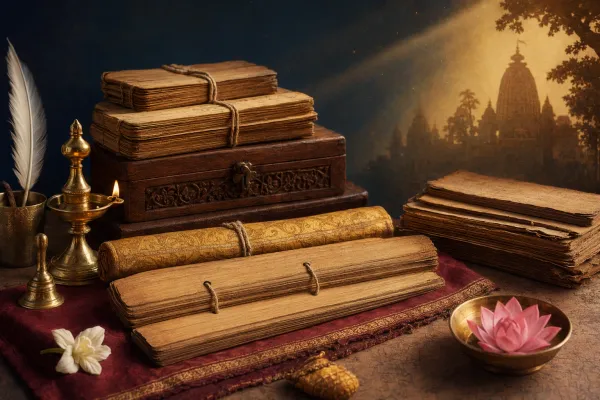 Old Hindu manuscript bundles arranged near traditional devotional objects, representing Vedic, Puranic, epic, and ritual text traditions.