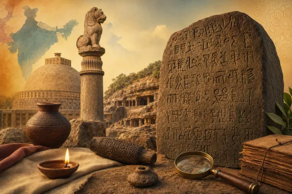 Oldest inscriptions in India illustration with ancient stone writing, early records, pillar fragments and archaeological study cues.
