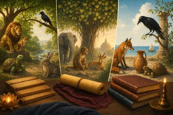 Illustration of animals, manuscripts and storytelling panels comparing Panchatantra, Jataka tales, Aesop and Hitopadesha.