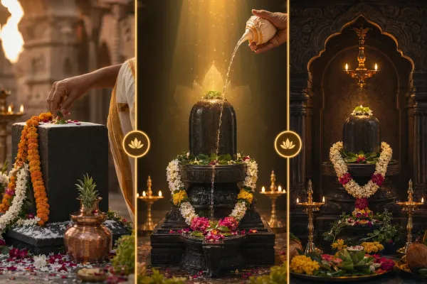 Comparison-style temple installation and consecration scene showing sacred placement, lamps, kalashas, and ritual atmosphere.