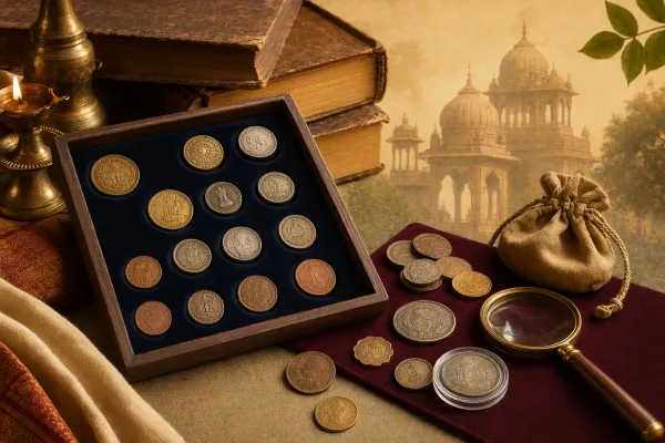 Editorial illustration of rare Indian coins displayed with magnifier, archival notes and careful collection setting.