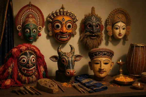 Editorial illustration for Regional Styles of Masks from the Indian Subcontinent: a non-geographic Indian ritual-mask display scene: several clearly visible distinct mask forms from...
