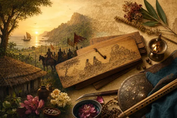 Sangam poetry scene with palm-leaf manuscript, flowers, landscape, warrior motif, and ethical-life symbolism.