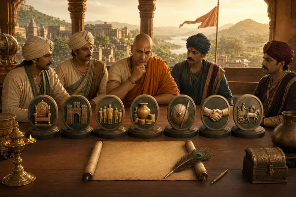 Editorial illustration for Saptanga Theory in Arthashastra: The Seven Elements of a State: an ancient governance and statecraft editorial scene with council table, seven distinct sta...