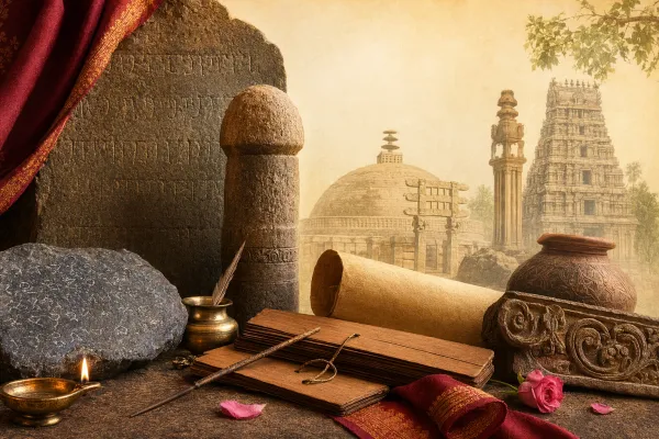 Scripts and languages in Indian inscriptions illustration with Brahmi-style letters, stone slabs, palm manuscripts and study materials.