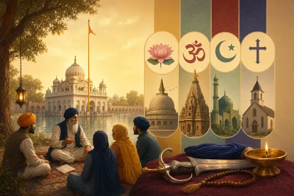 Respectful Sikh heritage scene with gurdwara-inspired architecture, Punjab landscape, sangat, seva, and comparison context without mixed symbols.