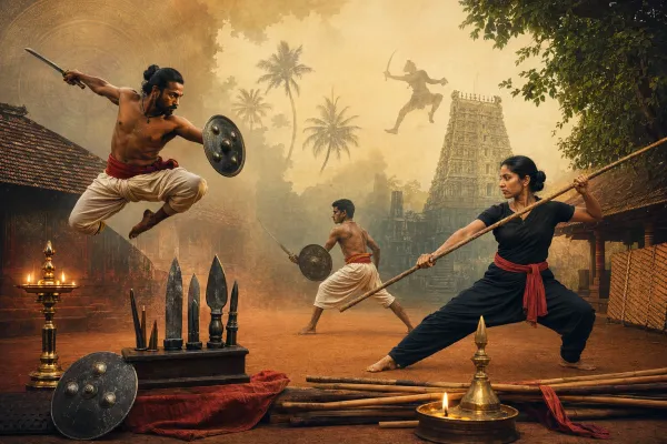 South Indian martial arts scene with Kalari and Silambam-inspired movement, staff practice, warm training-space lighting, and heritage details.