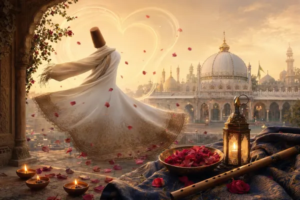 Symbolic Sufi love illustration with roses, a whirling-inspired robe, lamps and shrine motifs for a guide to love in Sufism.