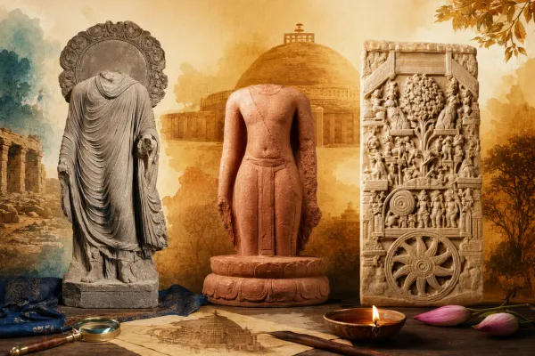 Three Indian sculpture-style examples arranged in a museum-like heritage scene with stone figures and regional art-history cues.