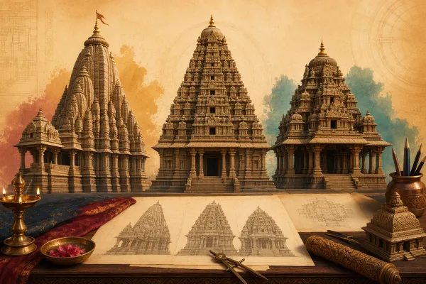 Illustration comparing Nagara, Dravida and Vesara temple forms with three distinct temple silhouettes, carved stone details, lamps and blank sketch sheets.