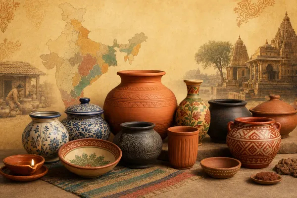 Traditional Indian pottery display with terracotta figures, painted vessels, clay lamps, artisan tools and regional craft atmosphere.