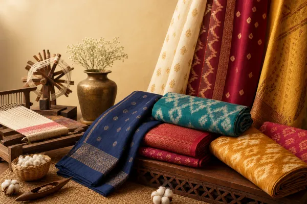 Illustration of traditional Indian textiles with folded silks, cotton cloth, loom, spindle, and patterned fabrics.