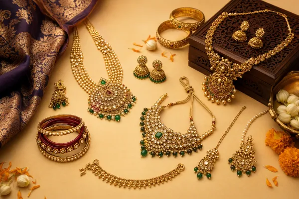 Assorted Indian jewellery including necklaces, bangles, earrings, pearls and kundan-style pieces arranged on festive textile for a beginner guide.