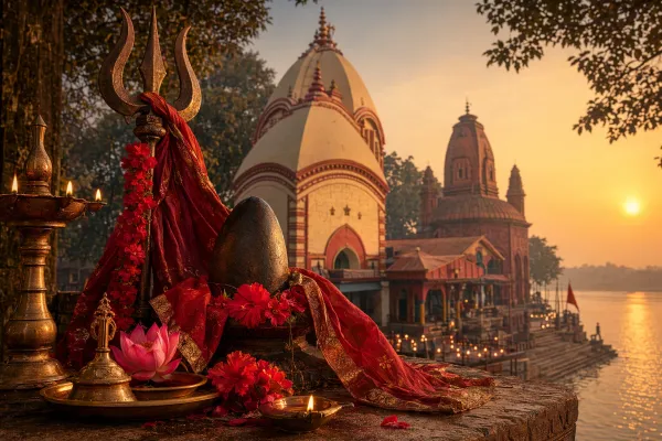 Editorial illustration for Shakti Peeth in West Bengal: Kalighat, Tarapith, and Bengal’s Devi Bhakti: a respectful Devi/Shakti temple editorial illustration with lamps, red cloth, lo...