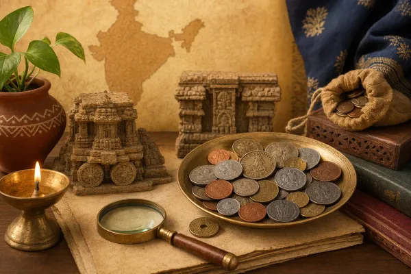 Editorial illustration of Indian coins on a study table with magnifier, map, notebook and heritage objects.