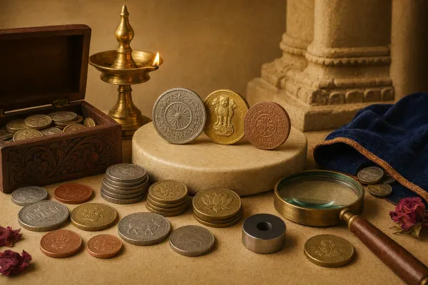 Editorial illustration of Indian coins, metal samples, magnifier and notebook for understanding coin materials.
