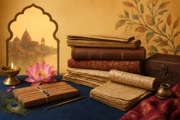 Illustration of Indian manuscript folios, palm-leaf bundles, writing tools and archival shelves representing India’s handwritten heritage.