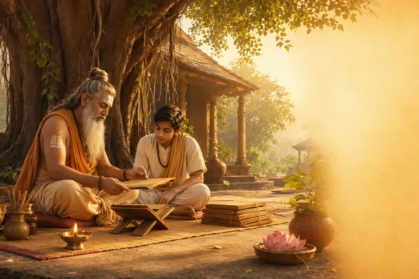 Guru and shishya learning respectfully with palm-leaf manuscripts in a calm gurukul-style setting, symbolising India’s teacher-student tradition.