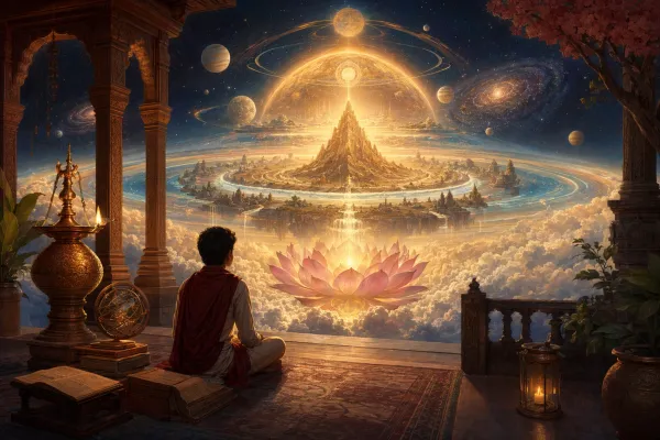 Symbolic Hindu cosmology illustration with a cosmic lotus, temple-like sacred space, stars and layered worlds for a beginner guide.