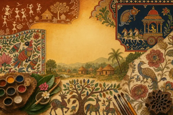 A beginner-friendly Indian folk art scene with regional painting motifs, handmade paper, natural pigments, brushes, and village-nature symbolism.