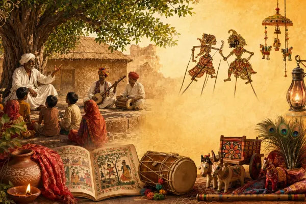 Indian folklore illustration with a storyteller, children, puppets, folk musicians, painted scrolls, peacock motifs, and village cultural objects.