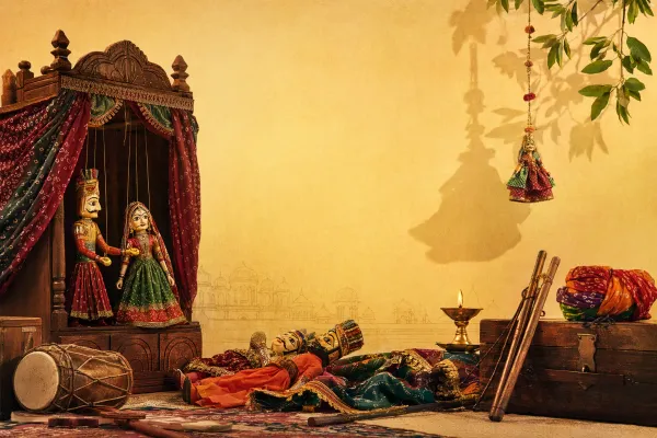 Illustration of an Indian puppetry performance with string, shadow, and hand puppets before an attentive audience