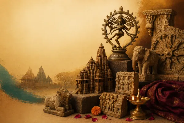 Indian sculpture beginner guide illustration with stone carvings, bronze figures, temple reliefs and museum-style study elements.