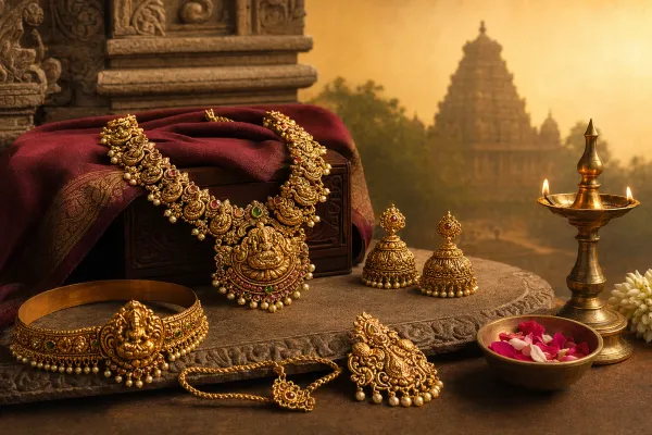 Temple-style Indian jewellery with a Lakshmi-inspired necklace, jhumkas, bangles, diyas and flowers in a South Indian sacred-art setting.