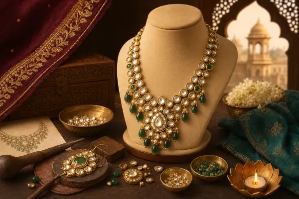 Kundan-style Indian necklace with white stones, green accents, gold setting, pearls and wedding jewellery details on a festive surface.