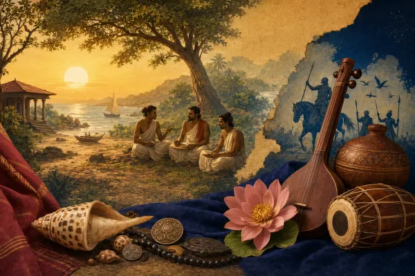 Ancient Tamil literary scene with palm-leaf manuscripts, poet’s desk, coastal landscape, and Sangam-era cultural atmosphere.