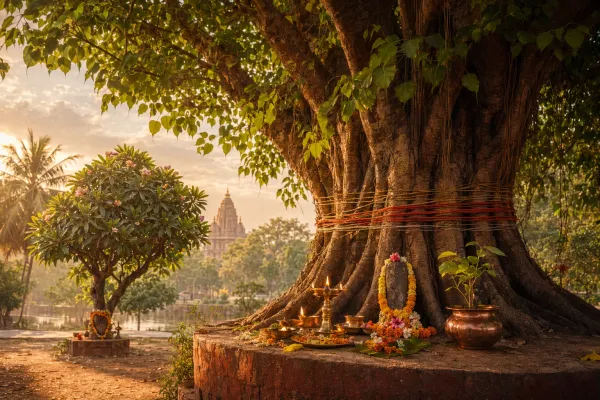 Sacred tree in an Indian temple courtyard with ritual thread, lamps, flowers, and devotees in symbolic editorial artwork.