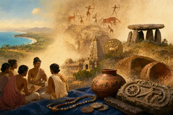 Ancient Tamilakam landscape with palm-leaf manuscripts, poets, and time-period symbolism for a Sangam literature dating guide.