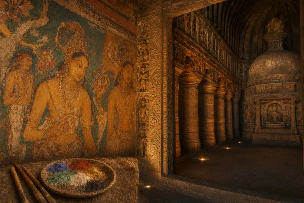 Ajanta-inspired rock-cut cave scene with carved doorway, mural-like colour panels, lamp light, stone texture, and heritage atmosphere.