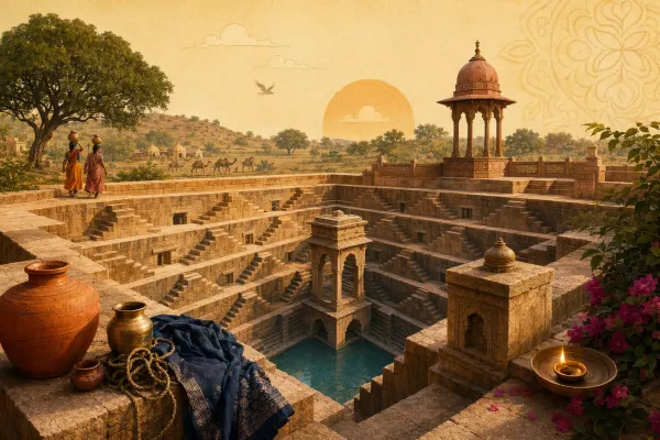AI editorial illustration of a traditional Indian stepwell with descending stairs, water, chhatri, pots and dry-climate surroundings.