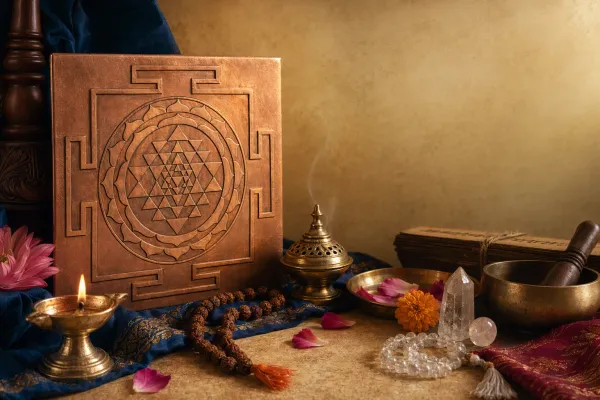 A devotional study scene with a yantra, mala, Sanskrit-inspired learning objects, and a diya representing sound, symbol, and practice.